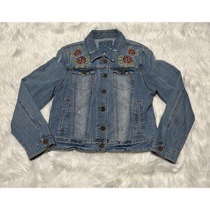 Odyn Womens Large Denim Jean Jacket Embroidered Floral Roses Details Distressed